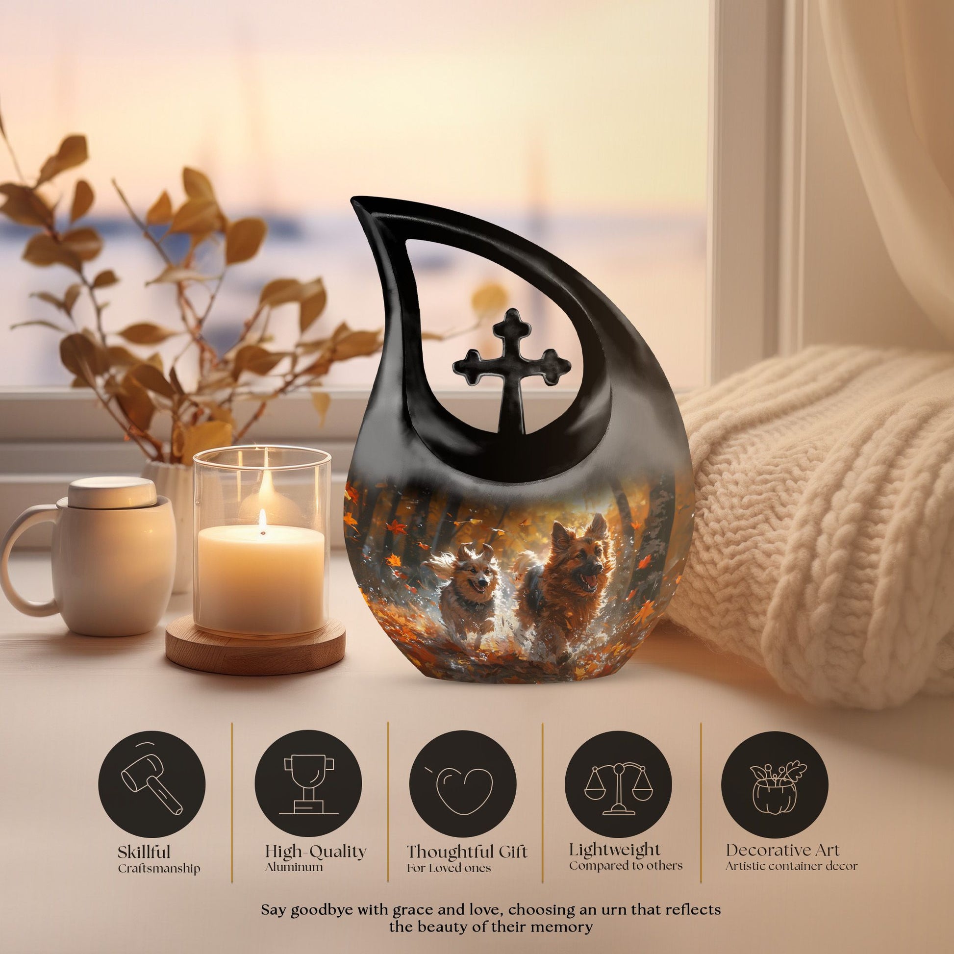 10-inch Autumn Frolic Light Urn with Cross Drop design,