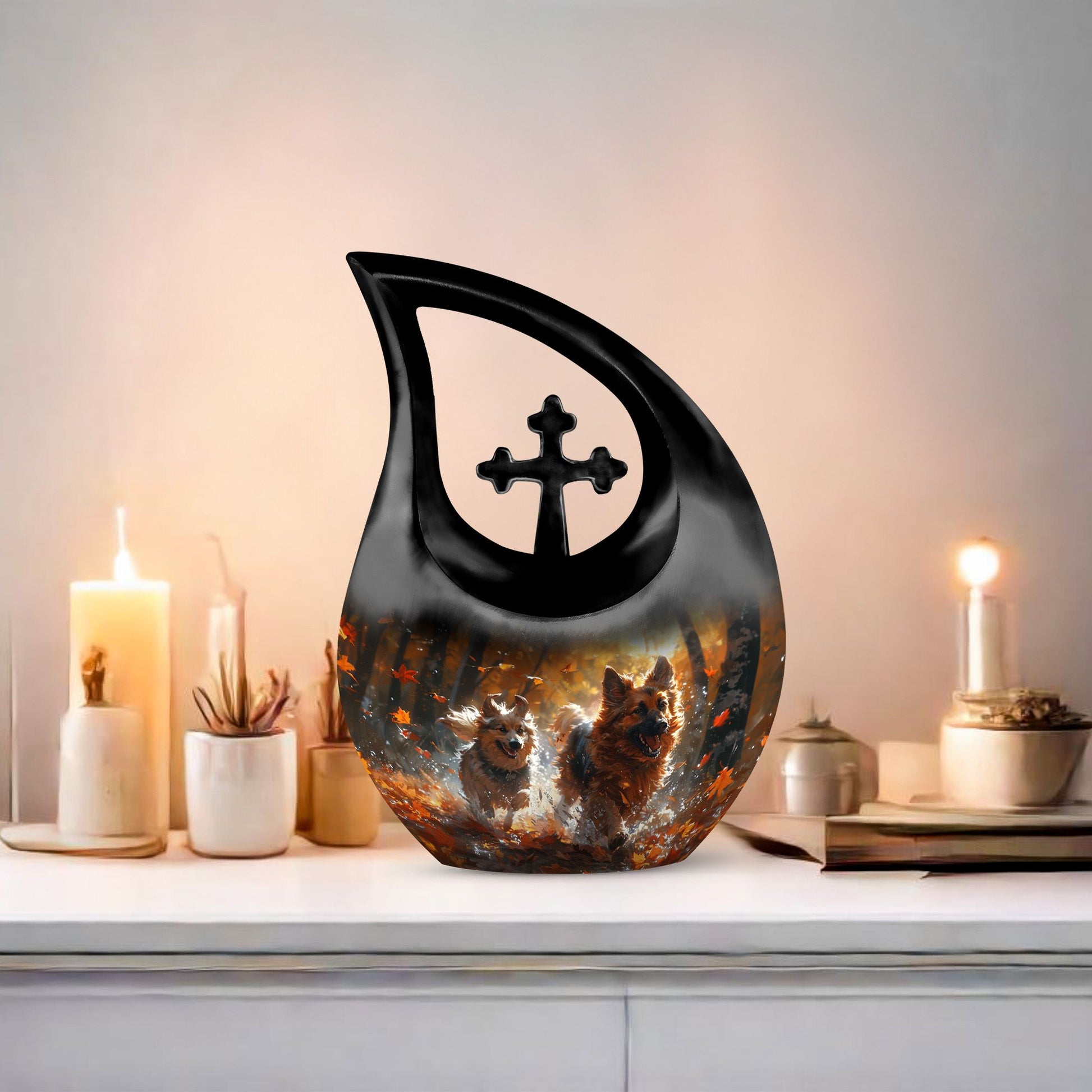 10-inch Autumn Frolic Light Urn with Cross Drop design,