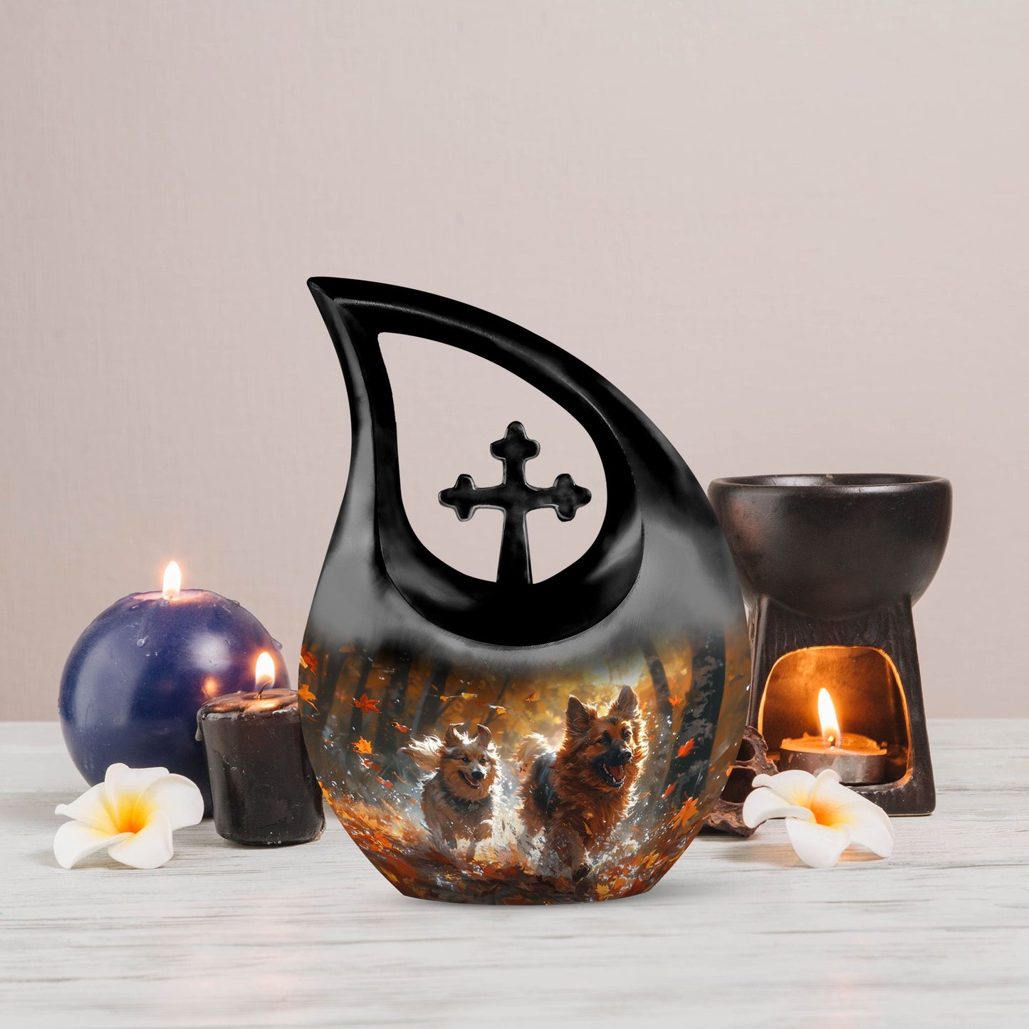 10-inch Autumn Frolic Light Urn with Cross Drop design,
