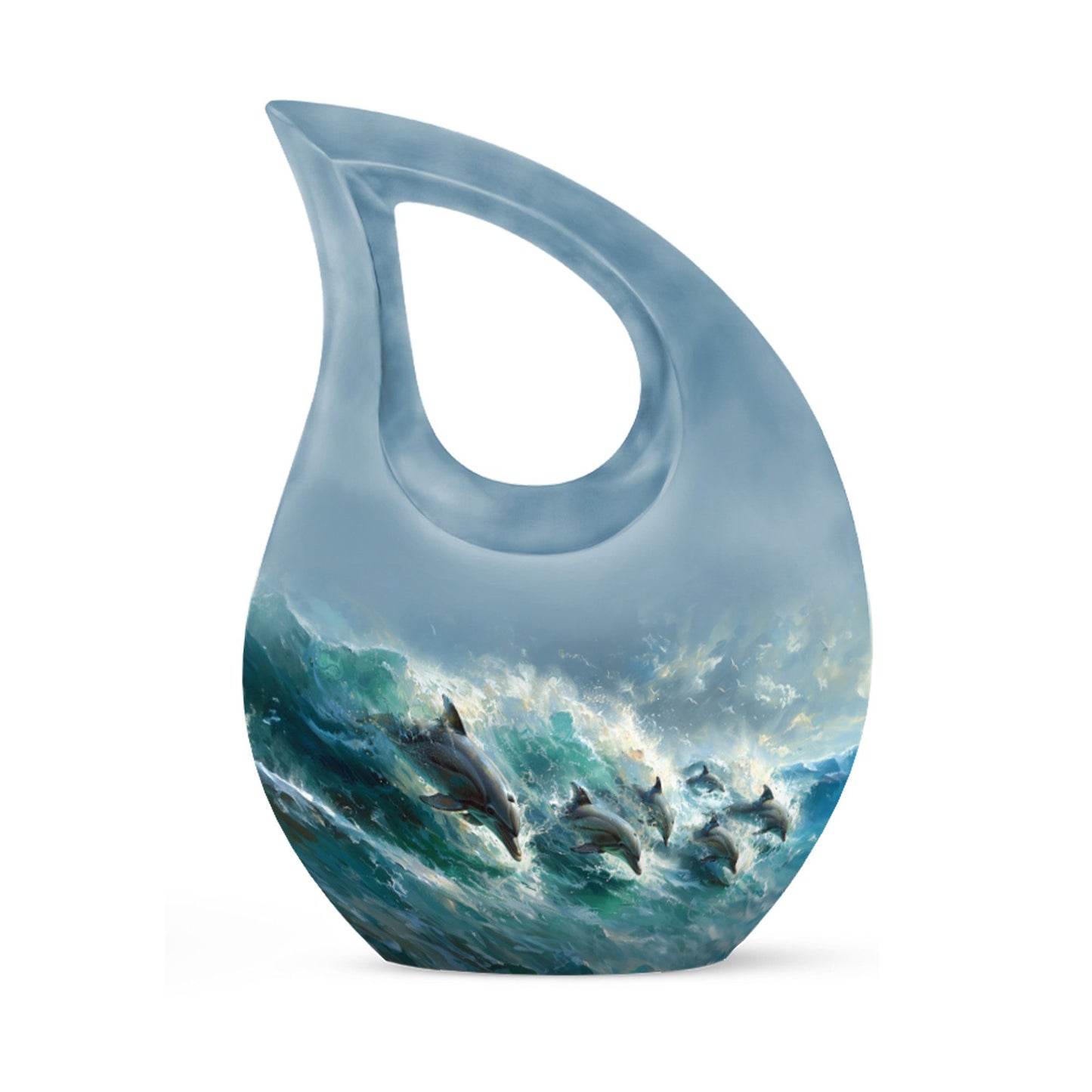 Dolphin Urn for Ashes with Dolphins Jumping Through Ocean Spray, Blue Grey Memorial Urn
