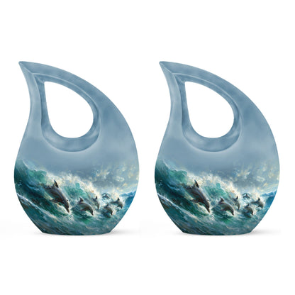 Dolphin Urn for Ashes with Dolphins Jumping Through Ocean Spray, Blue Grey Memorial Urn
