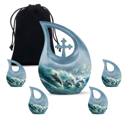 Dolphin Dance Urn, 10-inch Cross Drop design memorial urn,
