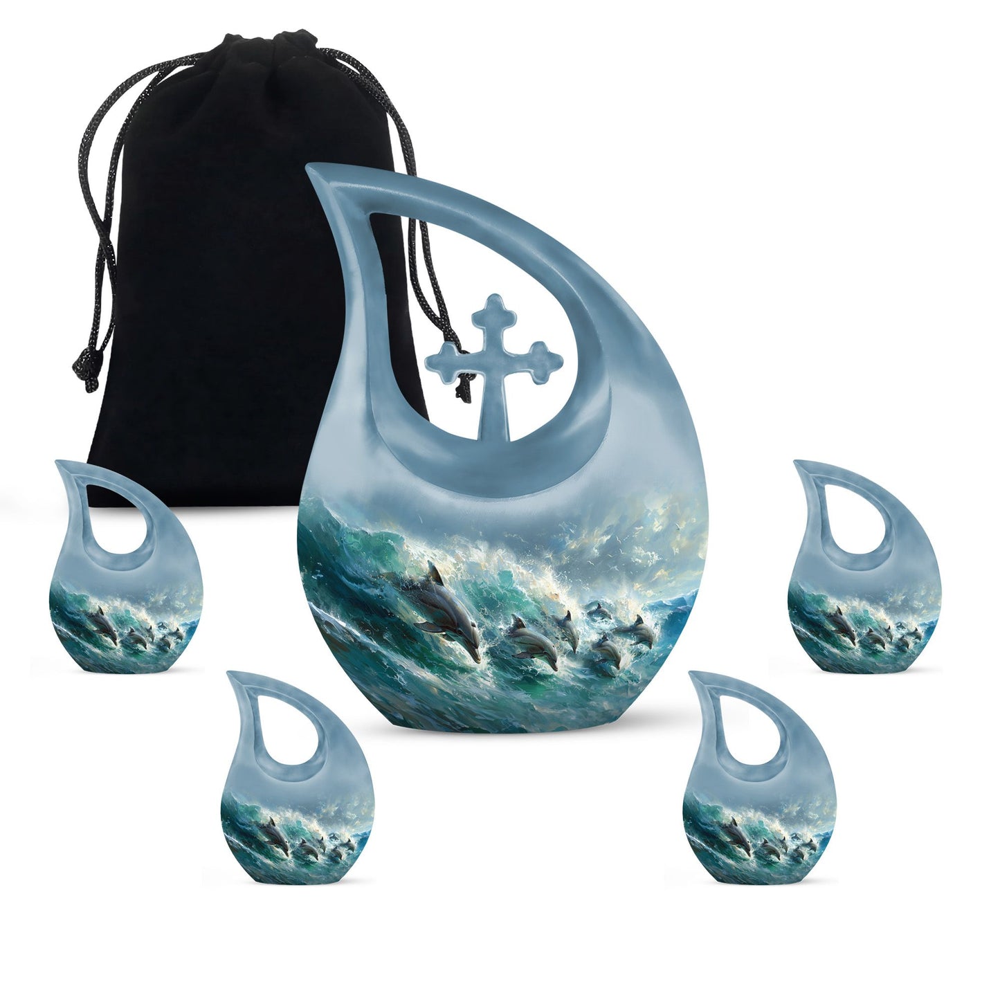 Dolphin Urn for Ashes with Dolphins Jumping Through Ocean Spray, Blue Grey Memorial Urn