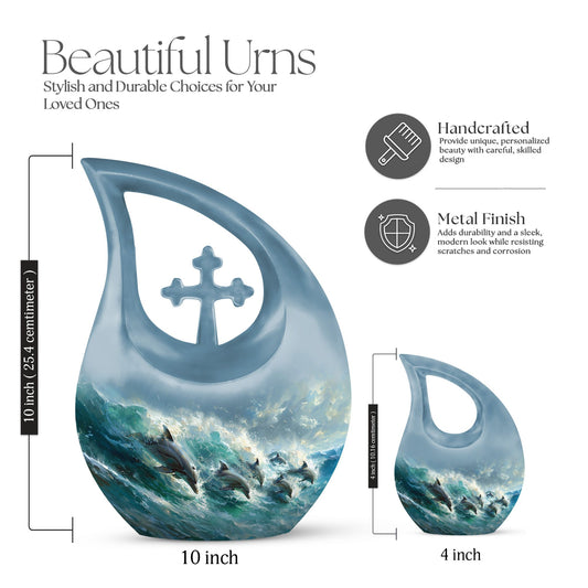 Dolphin Dance Urn, 10-inch Cross Drop design memorial urn,