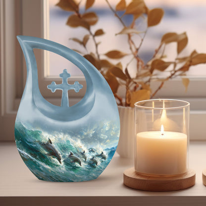 Dolphin Dance Urn, 10-inch Cross Drop design memorial urn,