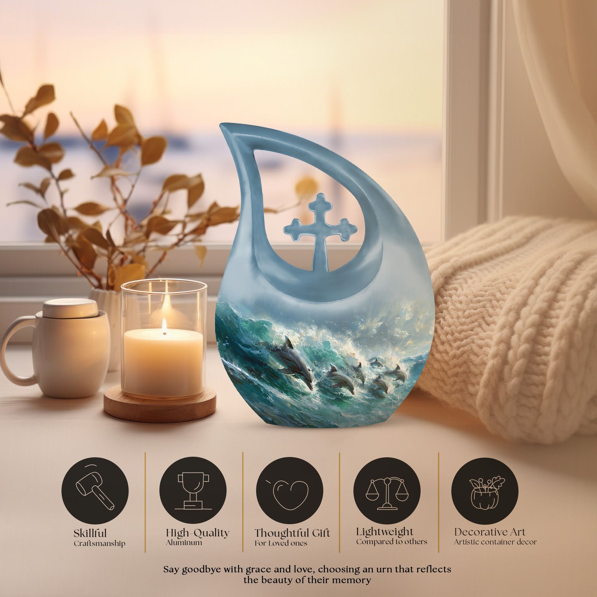 Dolphin Dance Urn, 10-inch Cross Drop design memorial urn,