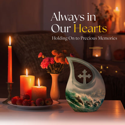 Dolphin Dance Urn, 10-inch Cross Drop design memorial urn,
