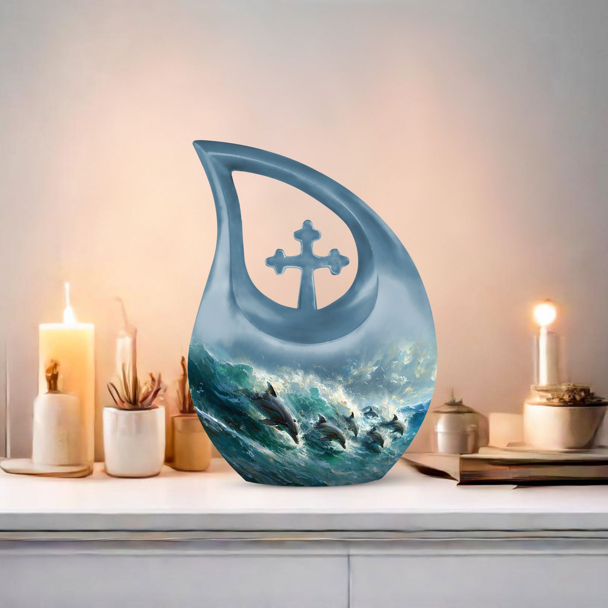 Dolphin Dance Urn, 10-inch Cross Drop design memorial urn,