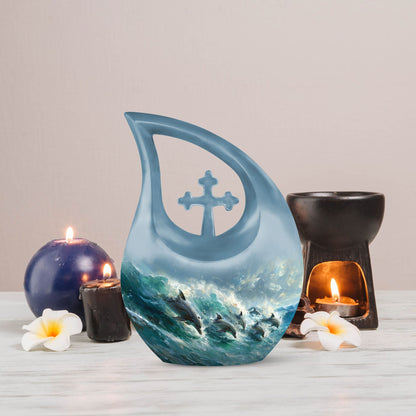 Dolphin Dance Urn, 10-inch Cross Drop design memorial urn,