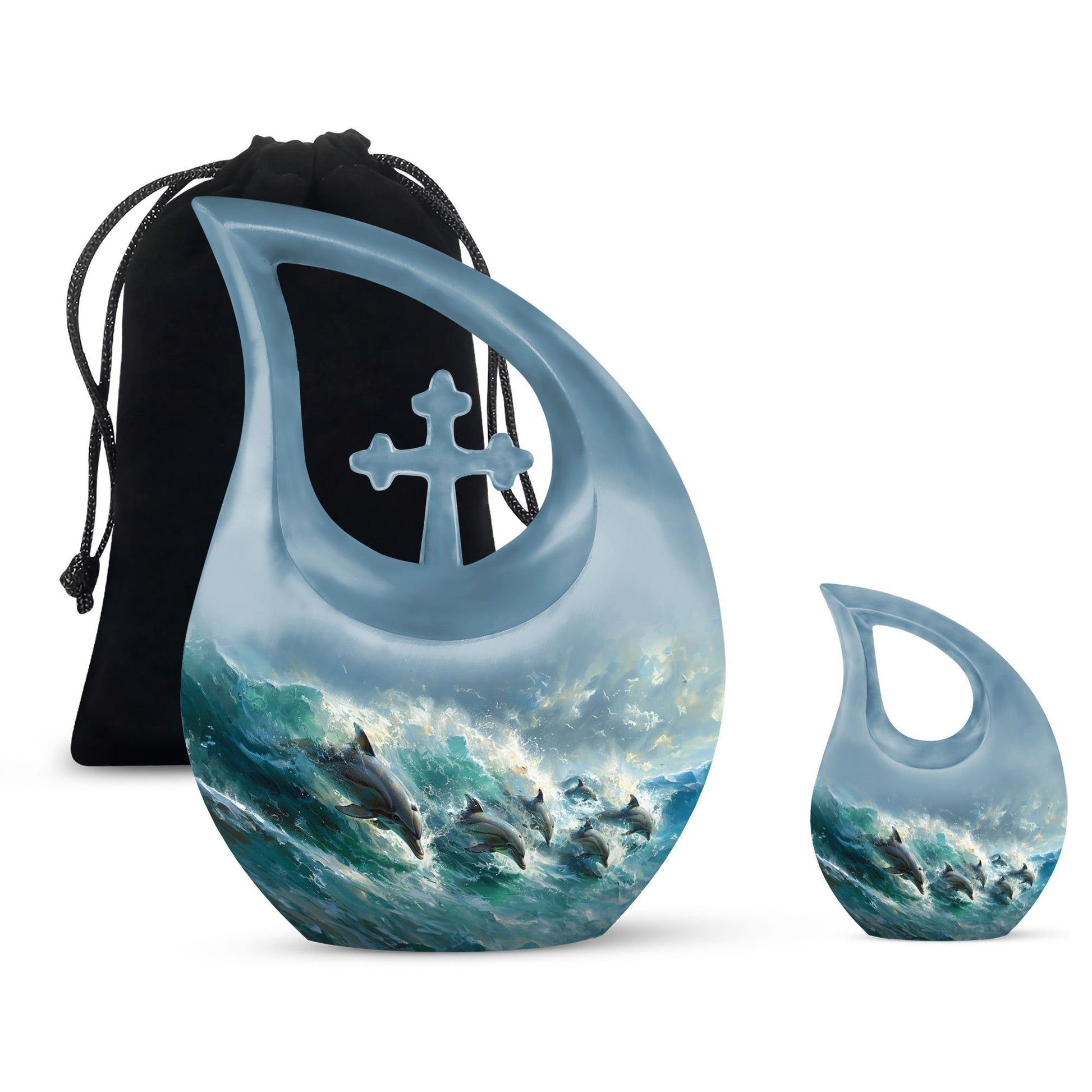 Dolphin Dance Urn, 10-inch Cross Drop design memorial urn,