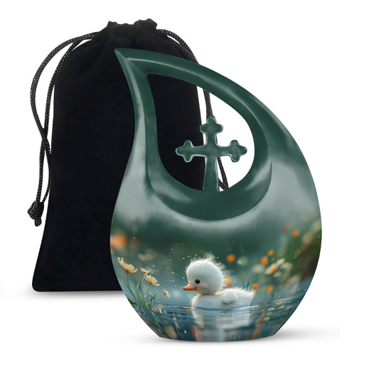Dewy Dawn Duckling themed, Cross Drop designed aluminium urn