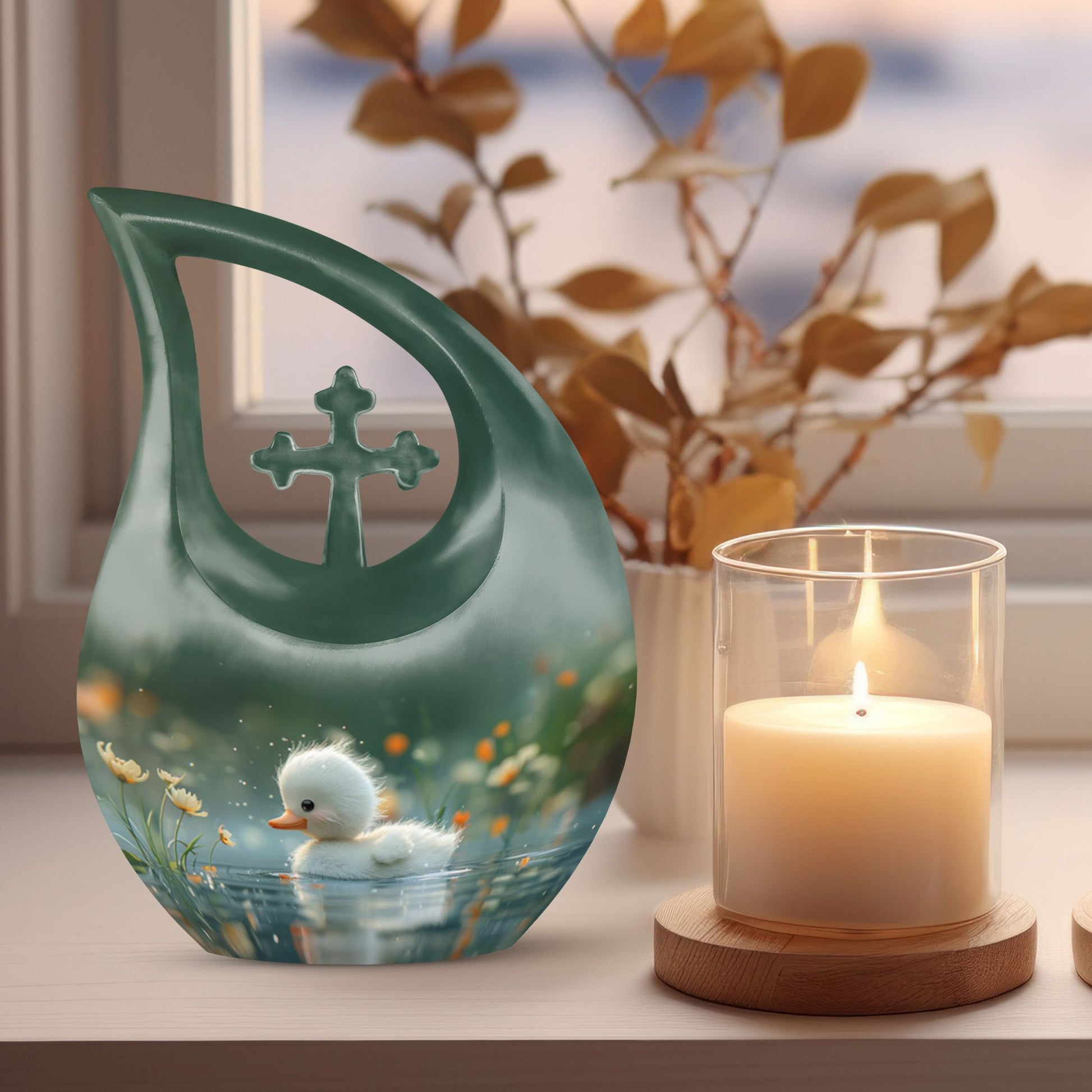 Dewy Dawn Duckling themed, Cross Drop designed aluminium urn