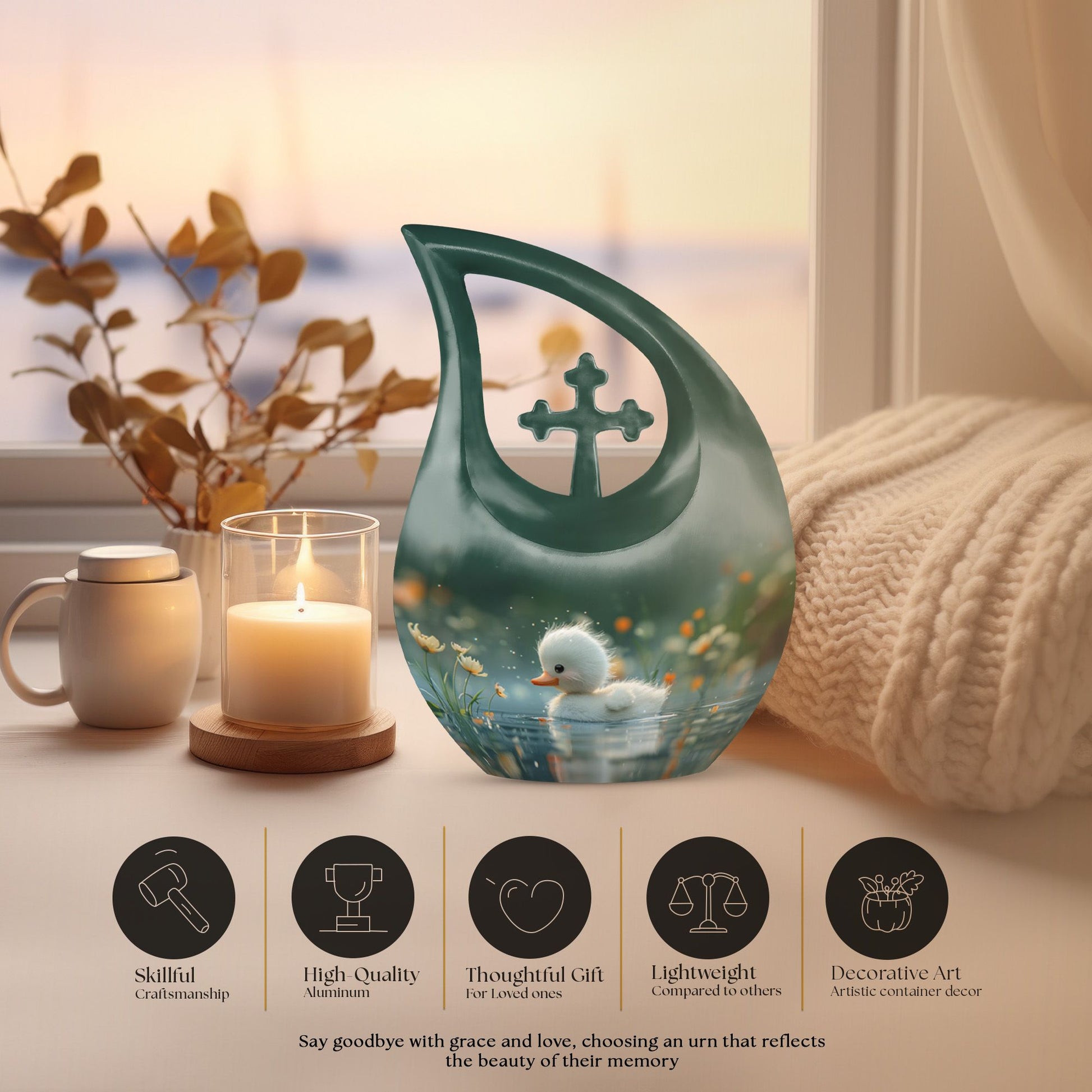 Dewy Dawn Duckling themed, Cross Drop designed aluminium urn