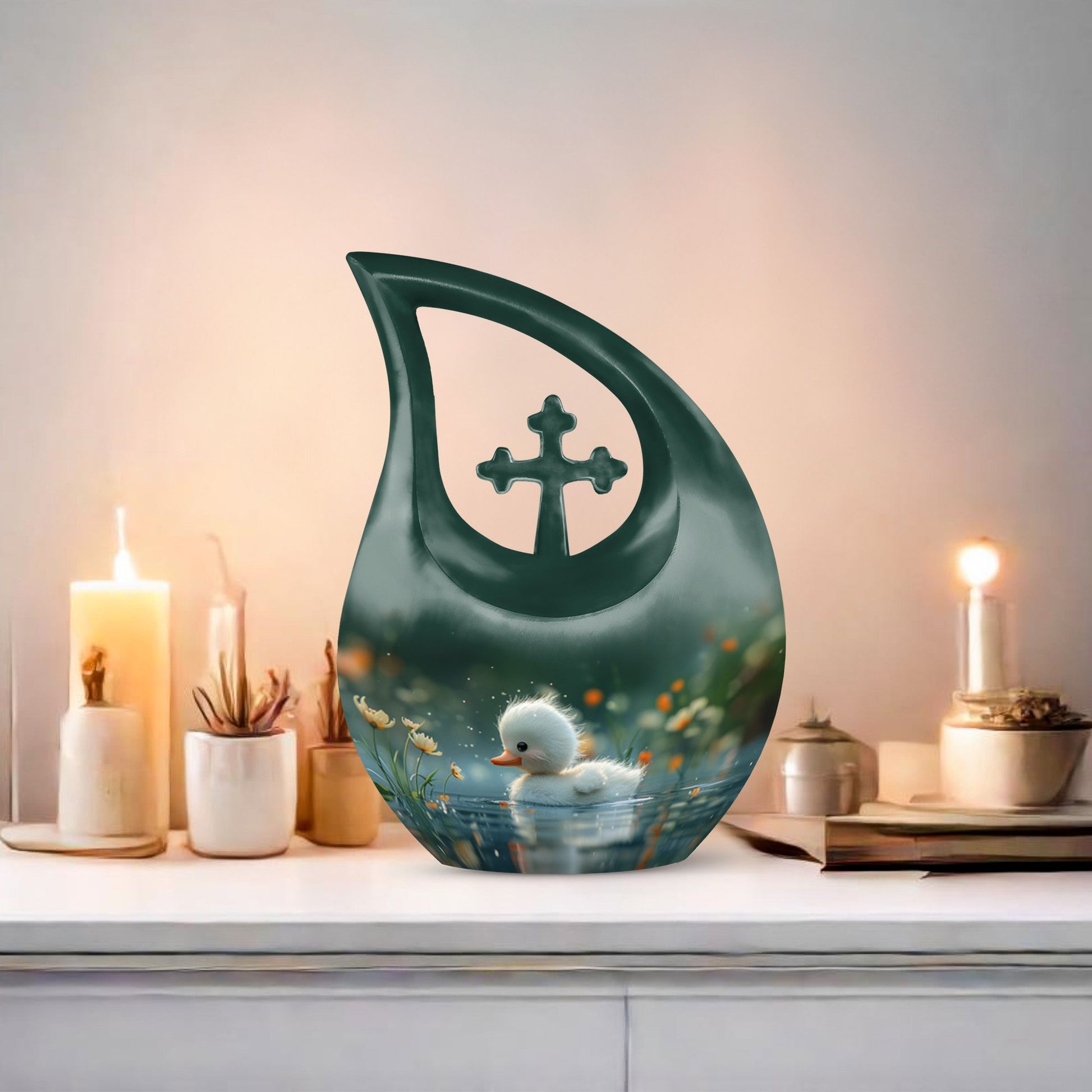 Dewy Dawn Duckling themed, Cross Drop designed aluminium urn