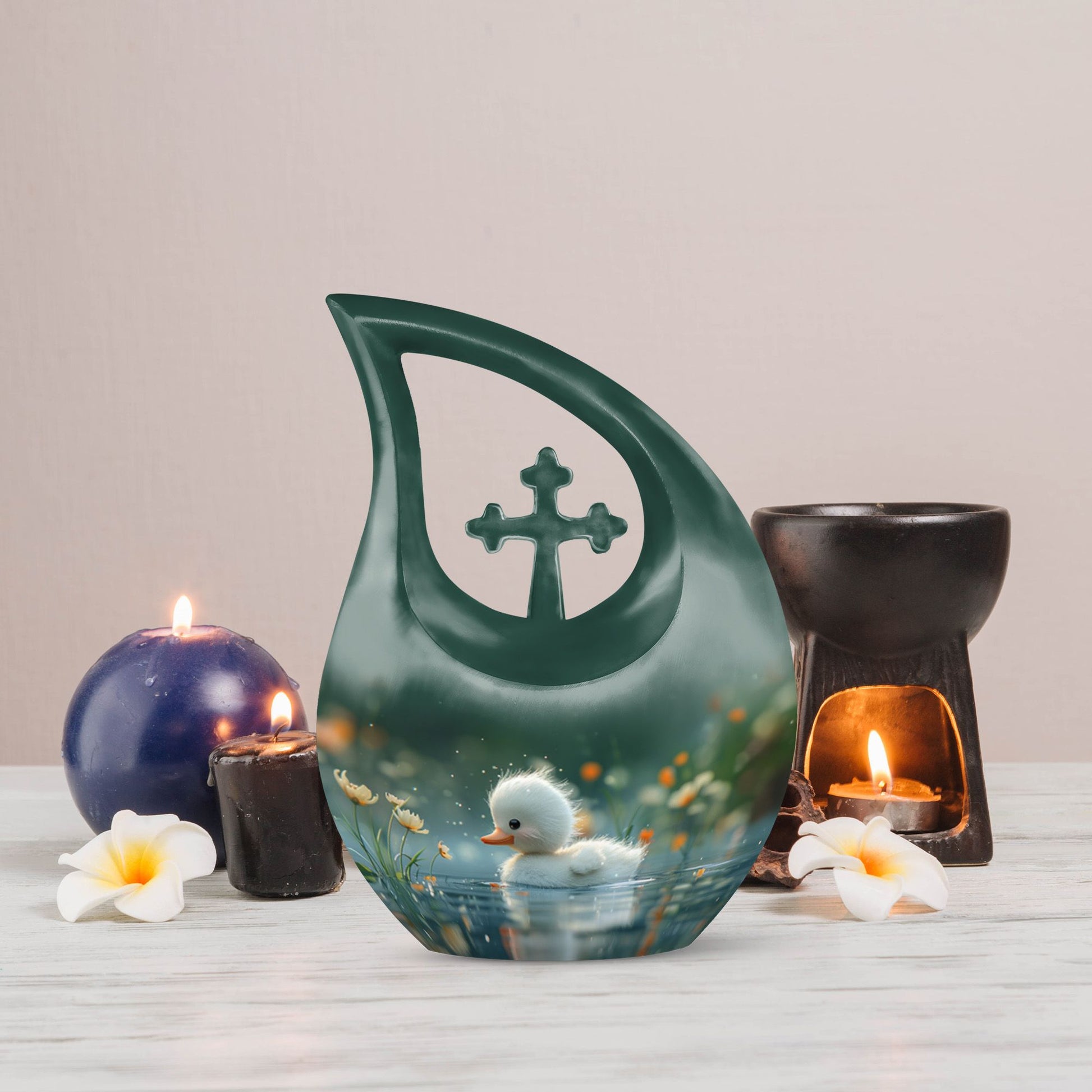 Dewy Dawn Duckling themed, Cross Drop designed aluminium urn