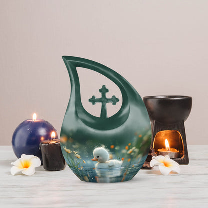 Dewy Dawn Duckling themed, Cross Drop designed aluminium urn