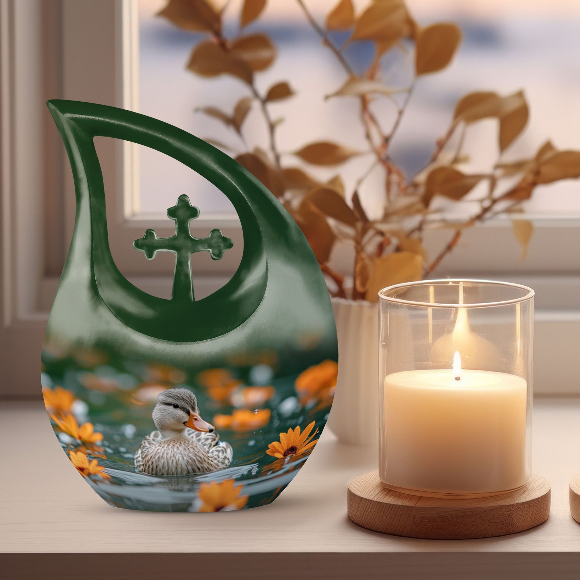 10-inch Floral Duck Reflection Cross Drop Urn 