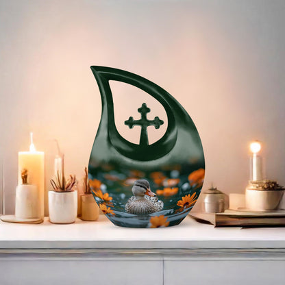 10-inch Floral Duck Reflection Cross Drop Urn 