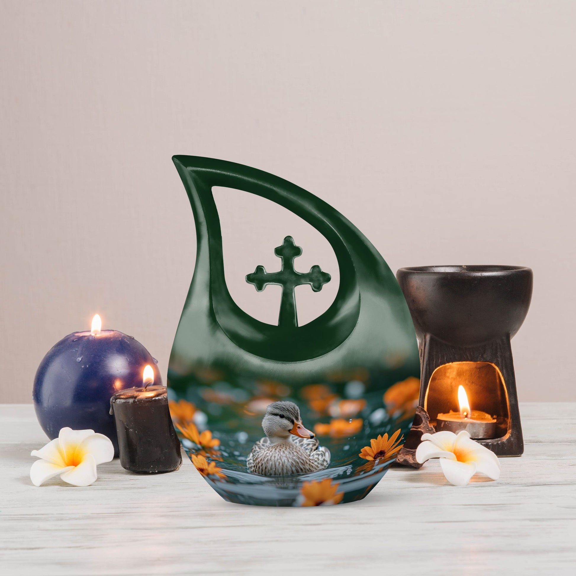 10-inch Floral Duck Reflection Cross Drop Urn 