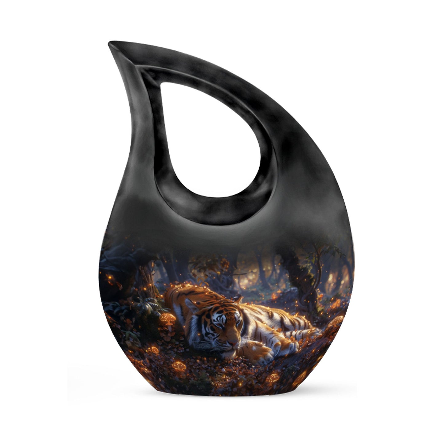 Tiger Urn for Human Ashes, Resting in Glowing Forest Flowers, Cremation Urn