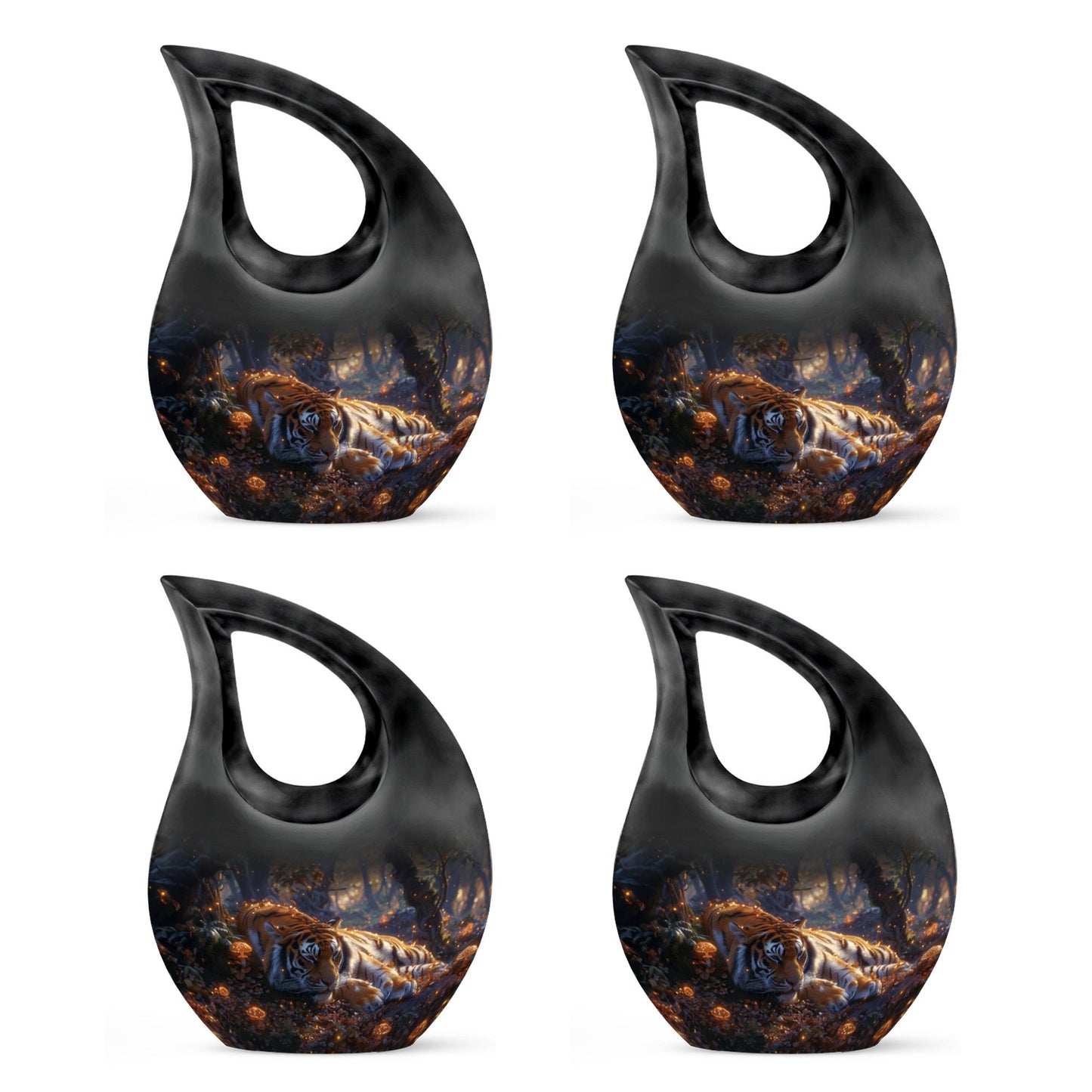 Tiger Urn for Human Ashes, Resting in Glowing Forest Flowers, Cremation Urn