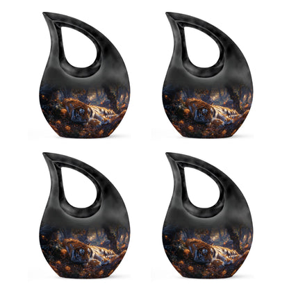 Tiger Urn for Human Ashes, Resting in Glowing Forest Flowers, Cremation Urn