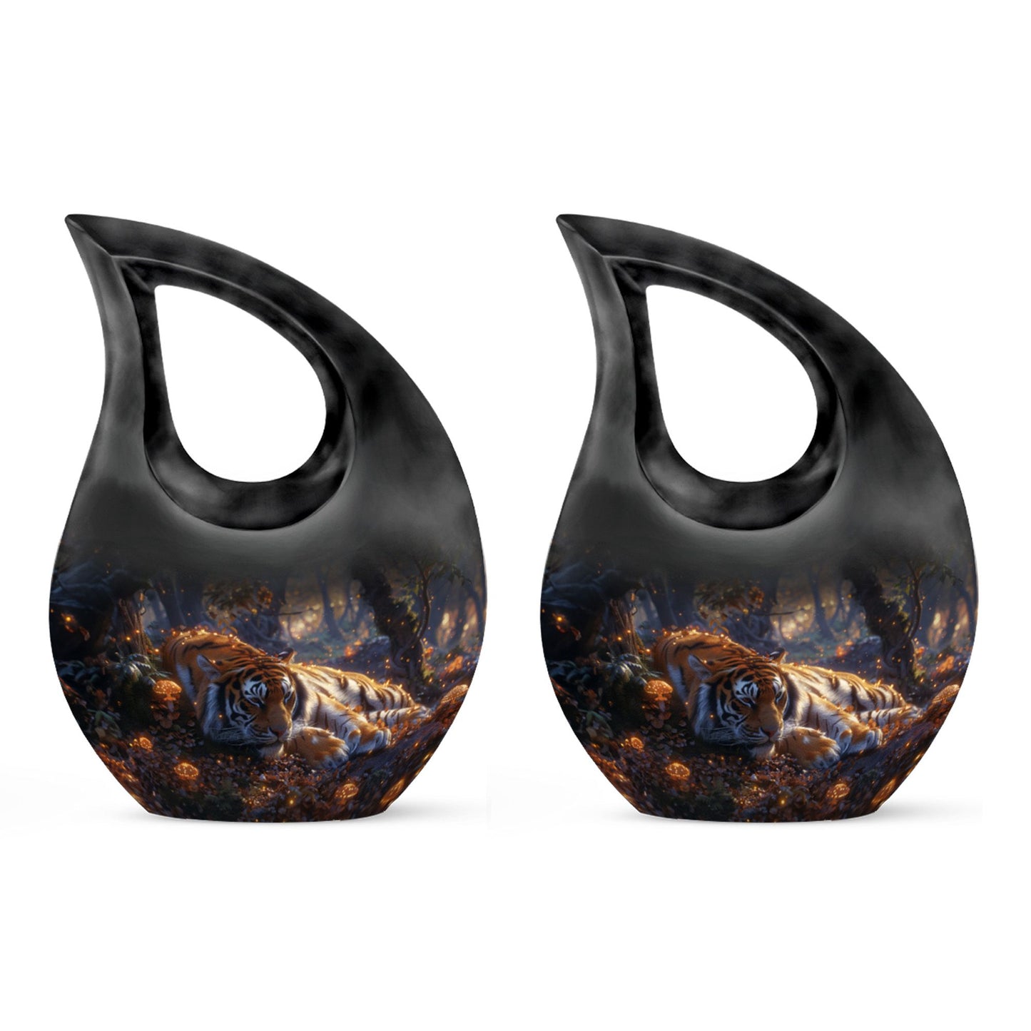 Tiger Urn for Human Ashes, Resting in Glowing Forest Flowers, Cremation Urn