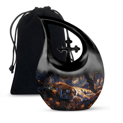 Tiger Urn for Human Ashes, Resting in Glowing Forest Flowers, Cremation Urn