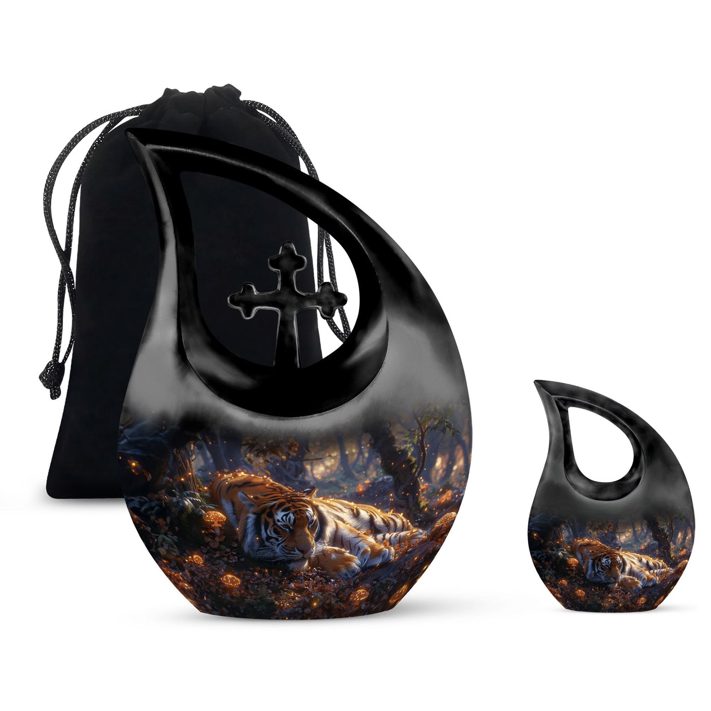 Tiger Urn for Human Ashes, Resting in Glowing Forest Flowers, Cremation Urn