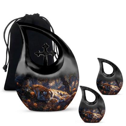 Tiger Urn for Human Ashes, Resting in Glowing Forest Flowers, Cremation Urn