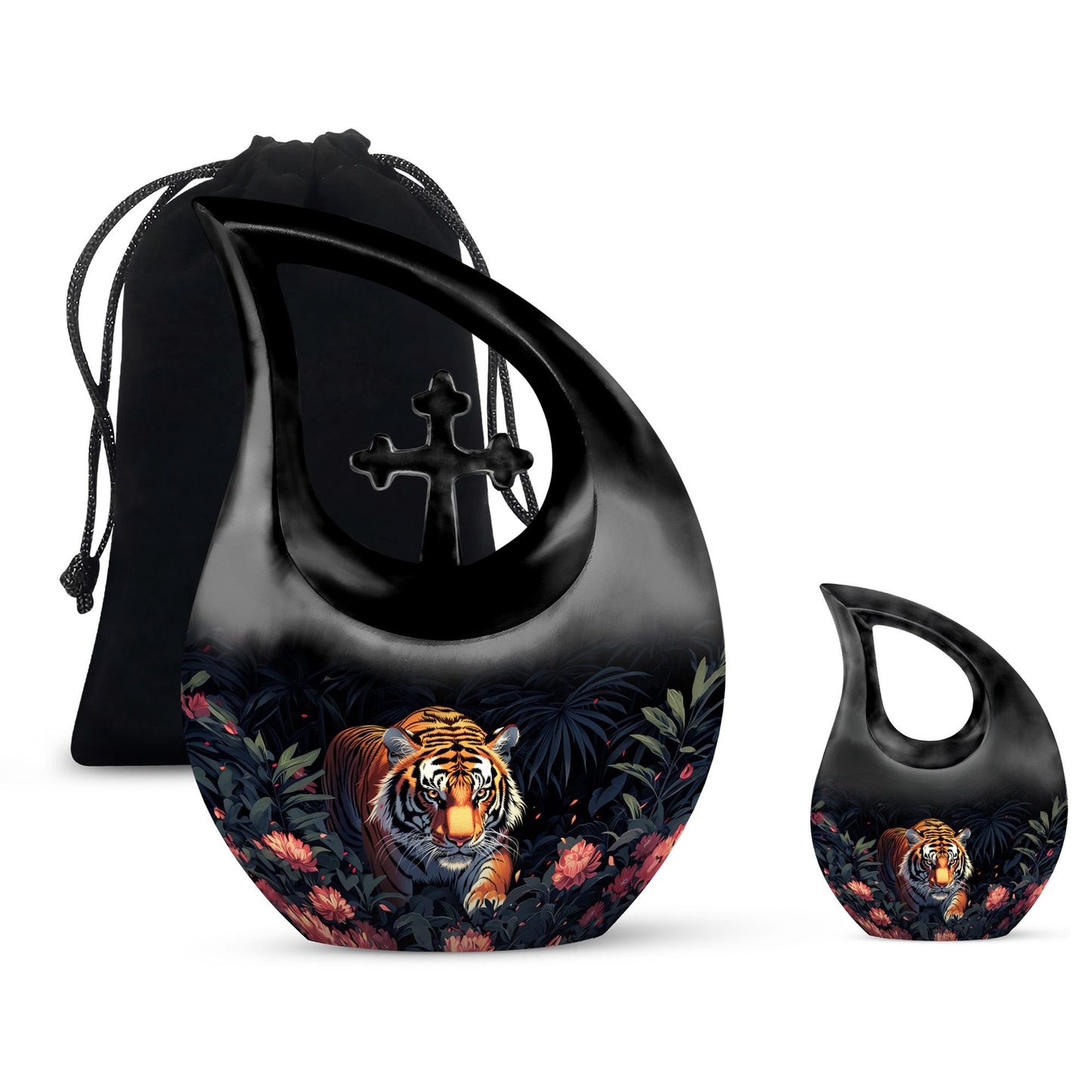 Black Personalized Tiger Cremation Urn for Human Ashes - 10-inch, 200 cu in - Yatskia