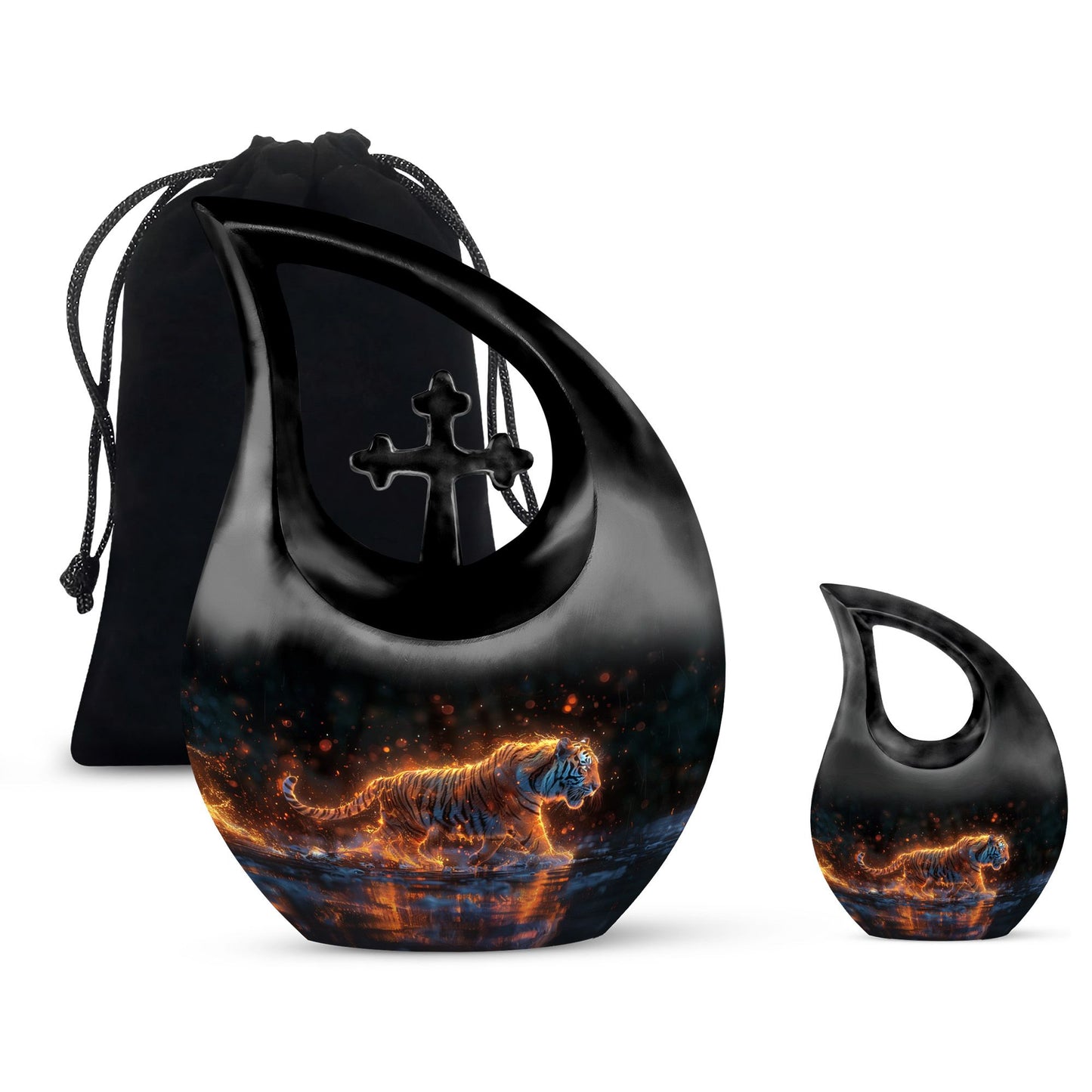 Black Personalized Tiger Cremation Urn for Human Ashes - 10-inch, 200 cu in - Yatskia