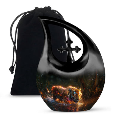 Black Personalized Tiger Cremation Urn for Human Ashes - 10-inch, 200 cu in - Yatskia