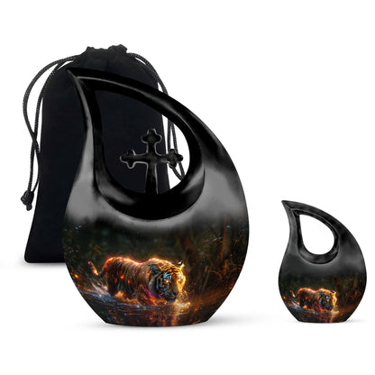 Black Personalized Tiger Cremation Urn for Human Ashes - 10-inch, 200 cu in - Yatskia