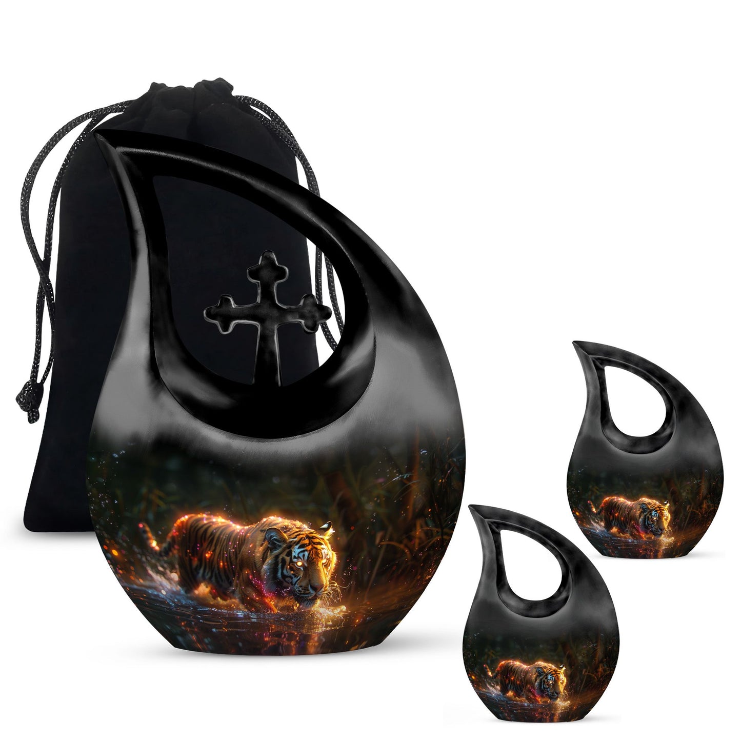 Black Personalized Tiger Cremation Urn for Human Ashes - 10-inch, 200 cu in - Yatskia