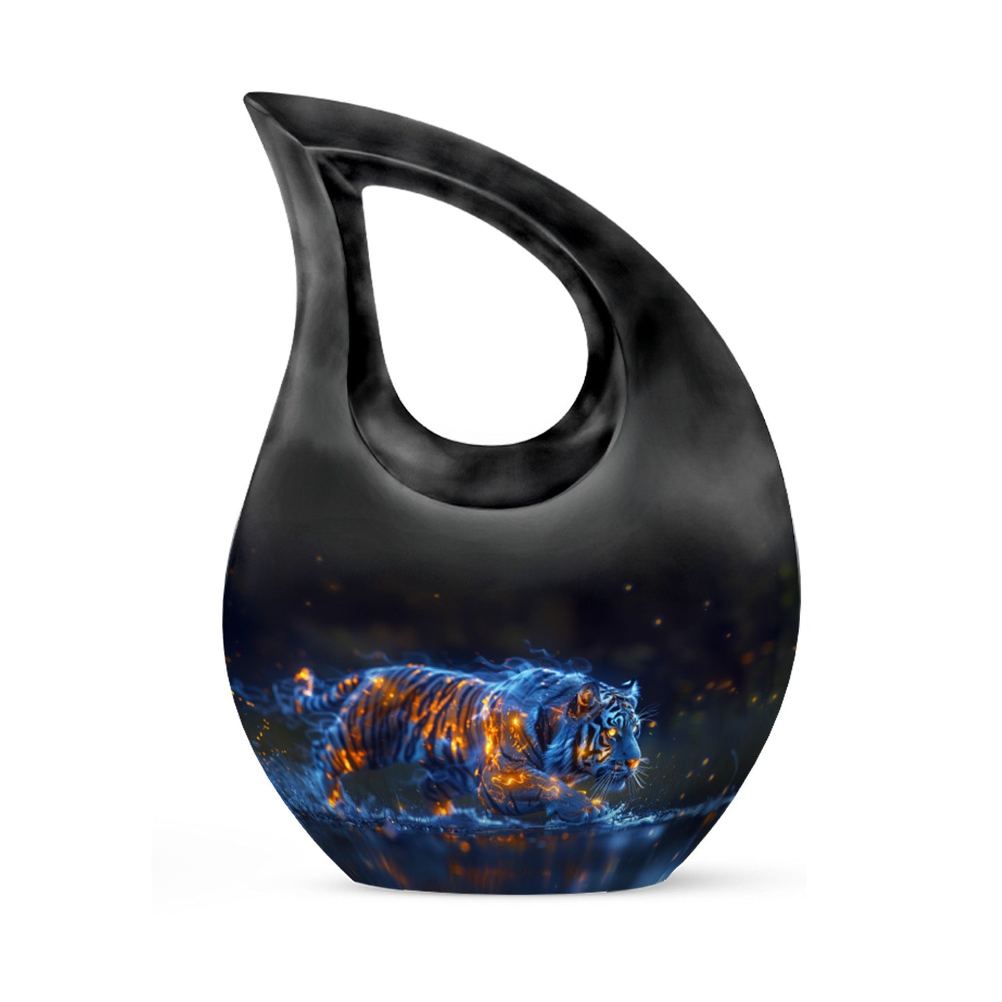 Tiger Urn for Human Ashes, Blue Ceramic Crouching Tiger with Embers in Water, Memorial Urn
