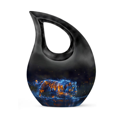 Tiger Urn for Human Ashes, Blue Ceramic Crouching Tiger with Embers in Water, Memorial Urn