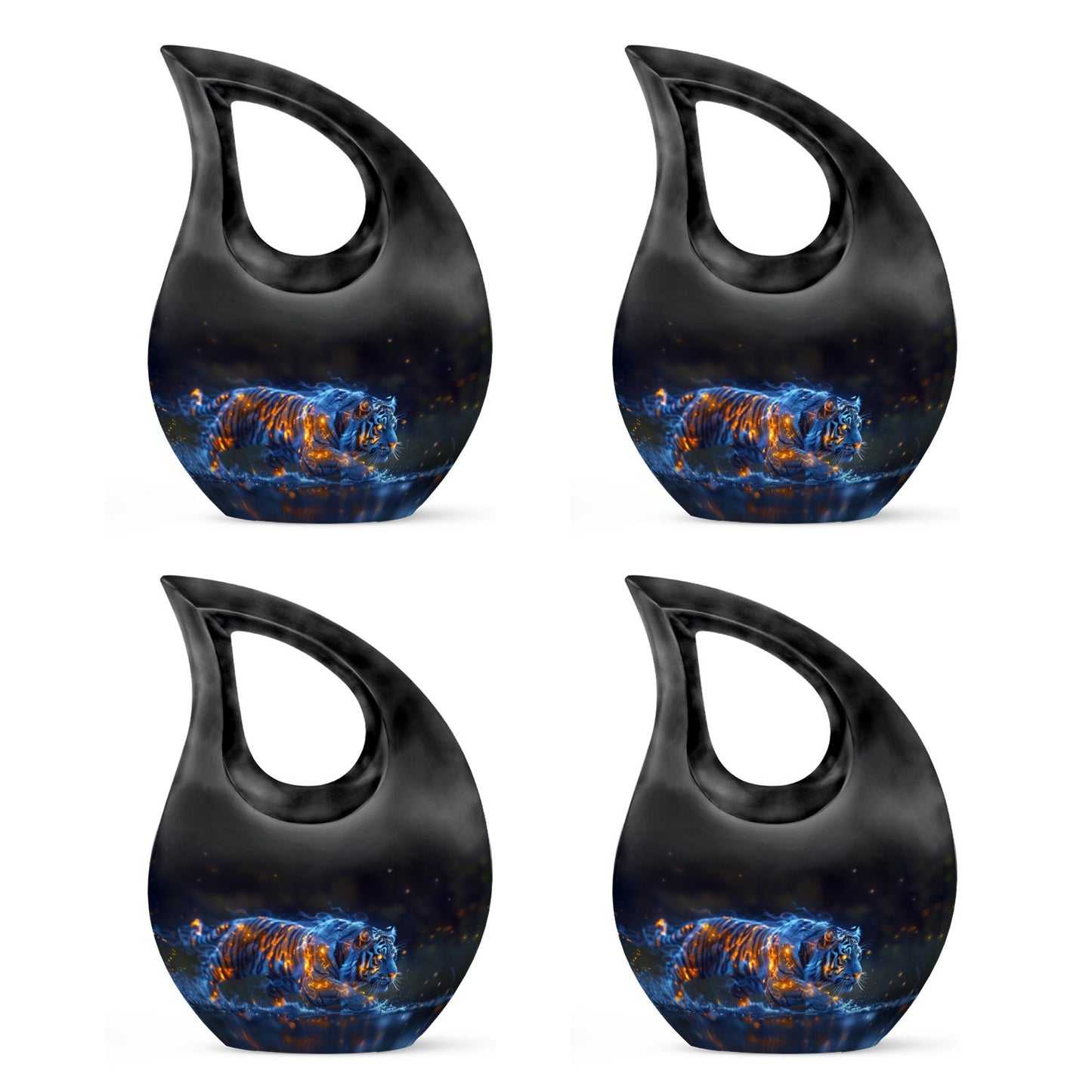 Tiger Urn for Human Ashes, Blue Ceramic Crouching Tiger with Embers in Water, Memorial Urn