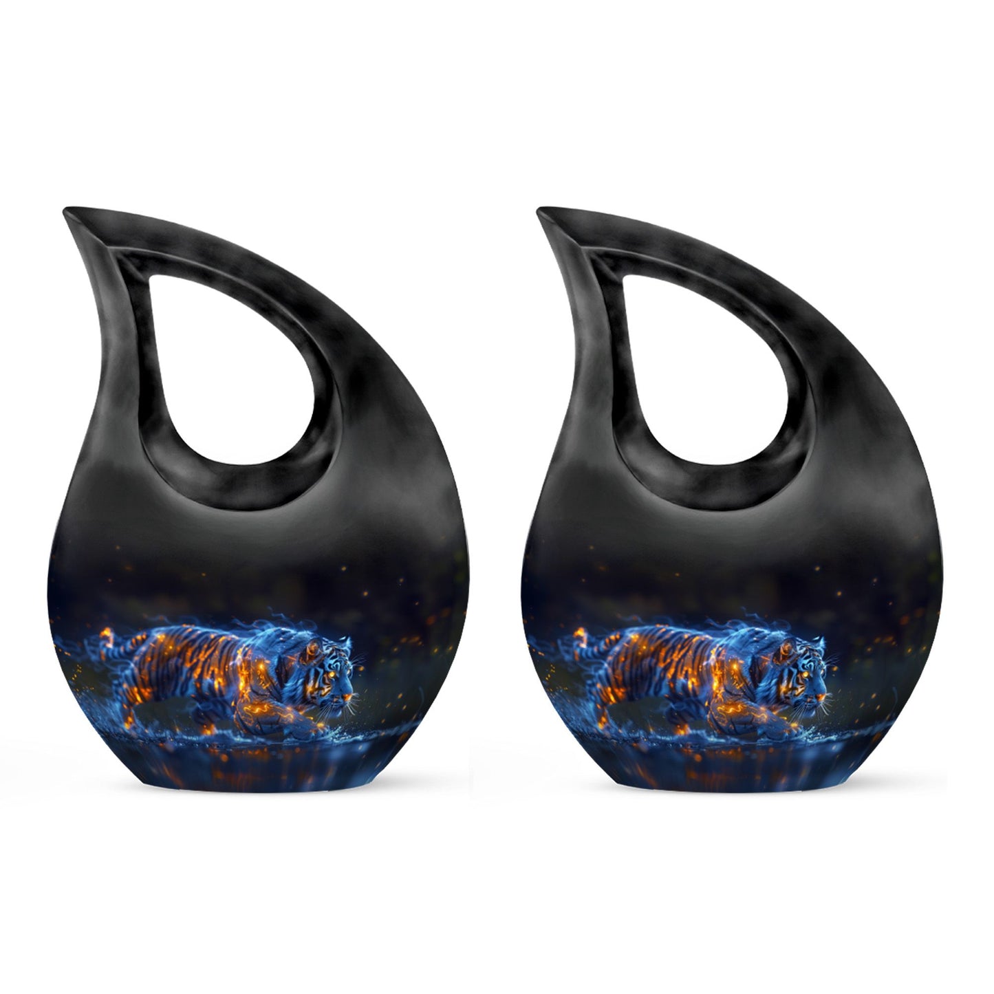 Tiger Urn for Human Ashes, Blue Ceramic Crouching Tiger with Embers in Water, Memorial Urn