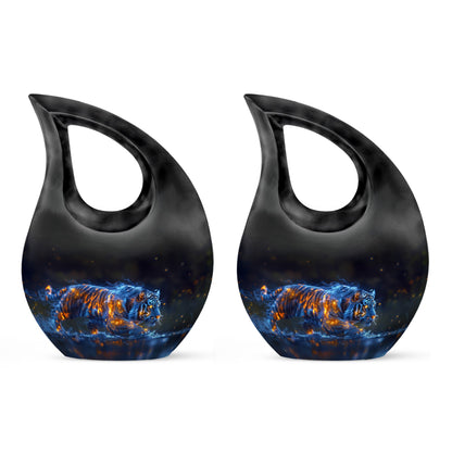 Tiger Urn for Human Ashes, Blue Ceramic Crouching Tiger with Embers in Water, Memorial Urn