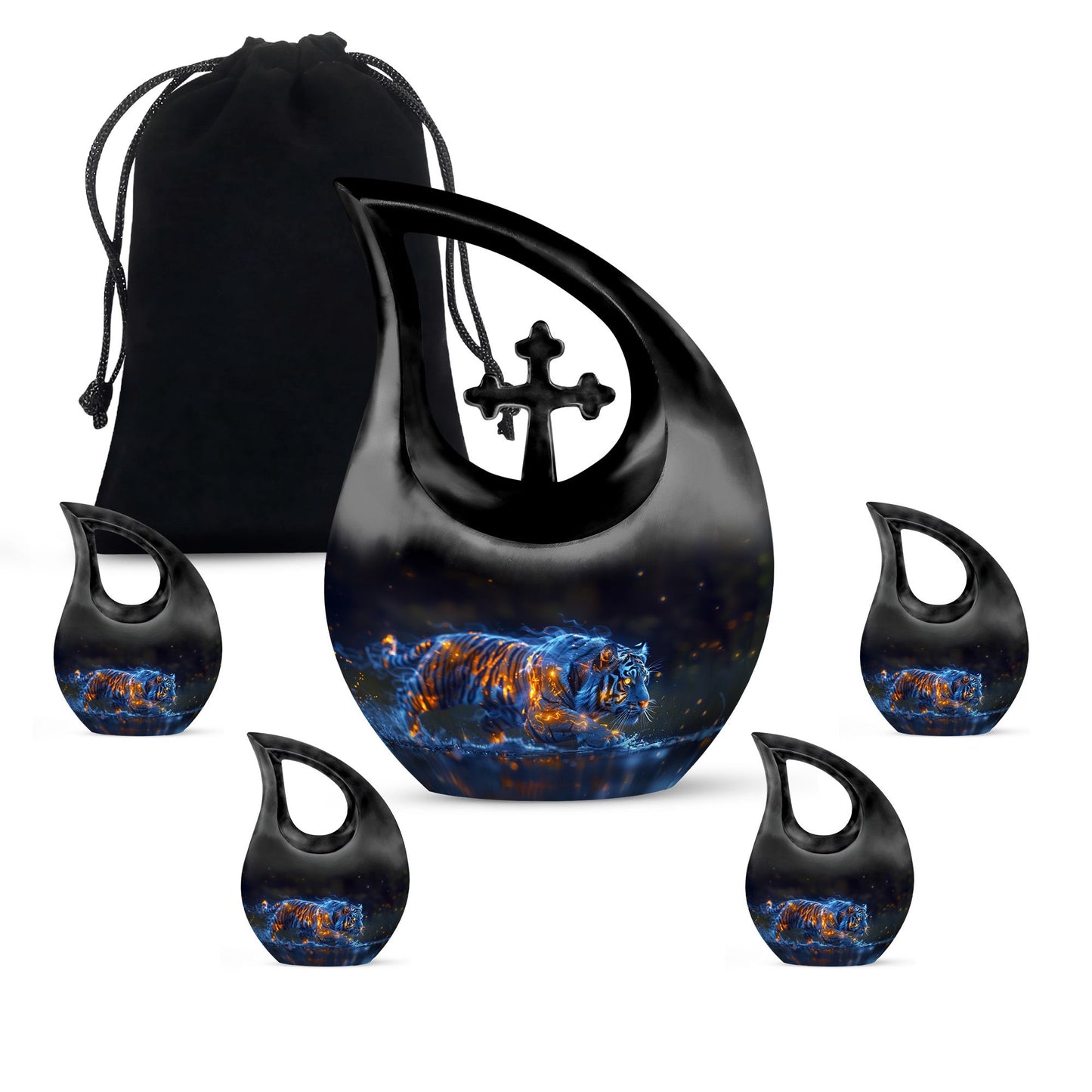 Tiger Urn for Human Ashes, Blue Ceramic Crouching Tiger with Embers in Water, Memorial Urn