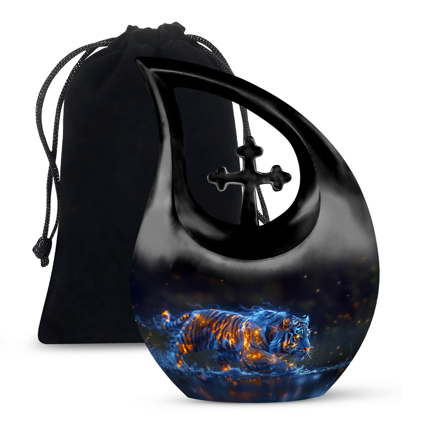 Tiger Urn for Human Ashes, Blue Ceramic Crouching Tiger with Embers in Water, Memorial Urn