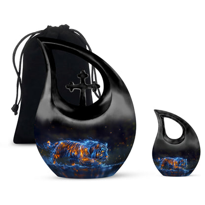 Tiger Urn for Human Ashes, Blue Ceramic Crouching Tiger with Embers in Water, Memorial Urn