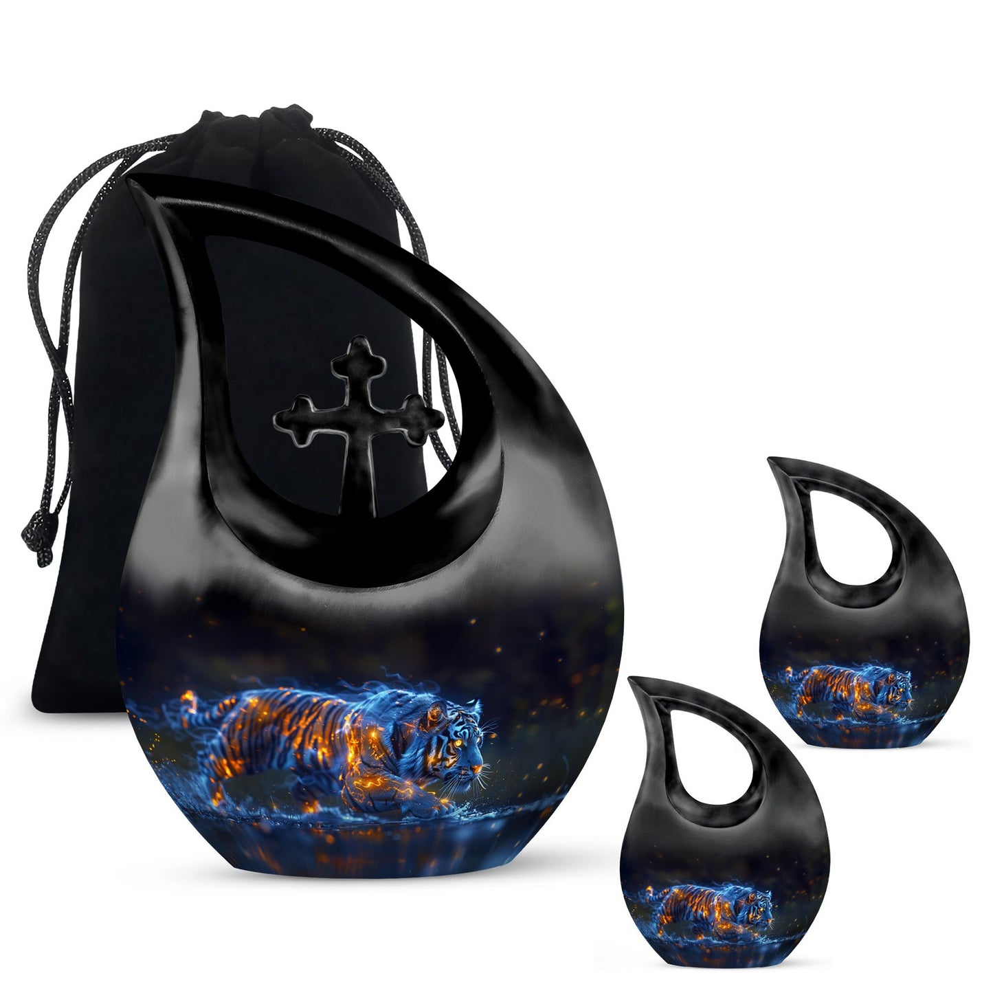 Tiger Urn for Human Ashes, Blue Ceramic Crouching Tiger with Embers in Water, Memorial Urn