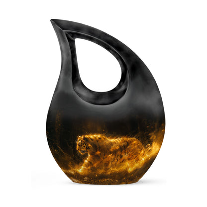 Tiger Urn for Ashes, Tiger Running Through Golden Fire on Black, Memorial Urn