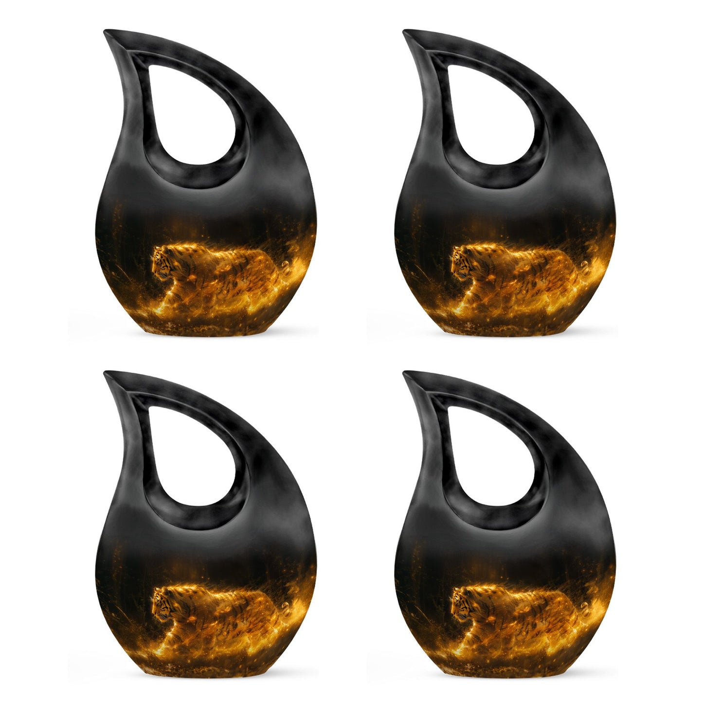 Tiger Urn for Ashes, Tiger Running Through Golden Fire on Black, Memorial Urn