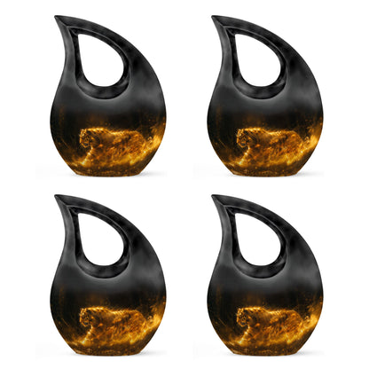Tiger Urn for Ashes, Tiger Running Through Golden Fire on Black, Memorial Urn