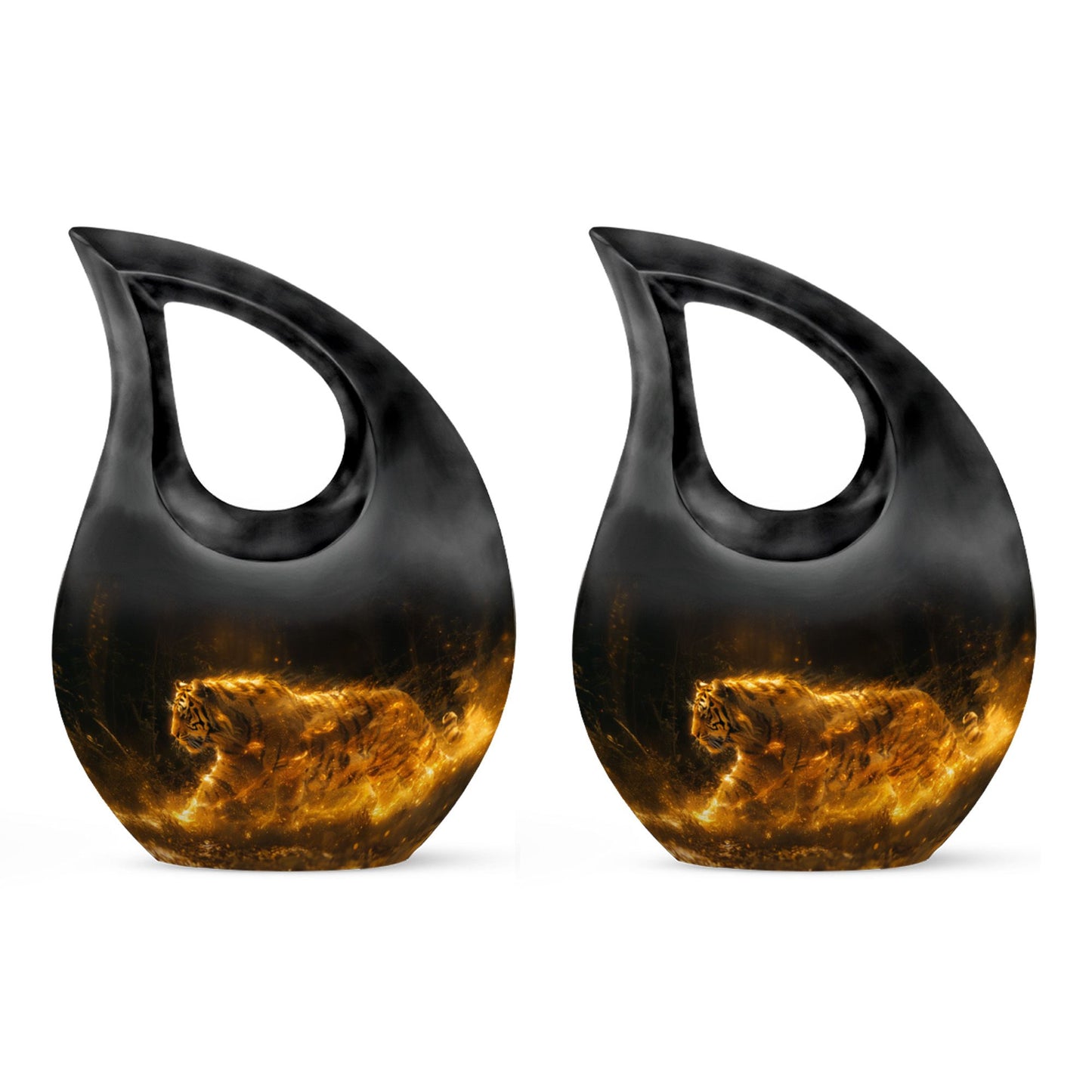 Tiger Urn for Ashes, Tiger Running Through Golden Fire on Black, Memorial Urn