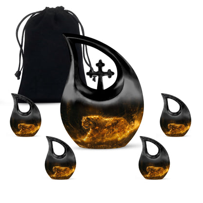 Tiger Urn for Ashes, Tiger Running Through Golden Fire on Black, Memorial Urn