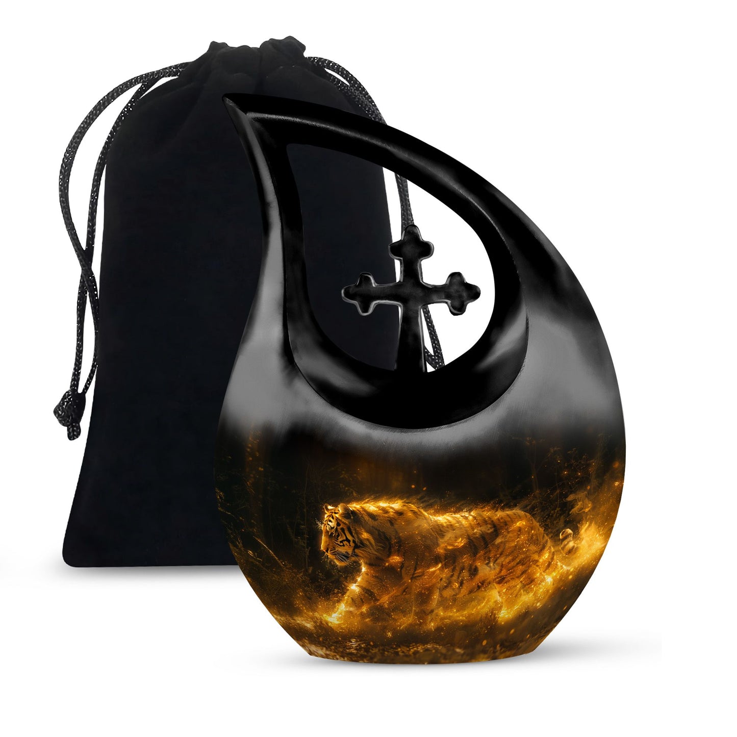 Tiger Urn for Ashes, Tiger Running Through Golden Fire on Black, Memorial Urn